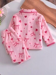 女嬰粉色蝴蝶結印花法蘭絨居家服套裝 - 彩色 - 查看 3