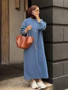 DAZY Women's Button Half-Placket Long Sleeve Casual Denim Dress Fall - Blue - View 1