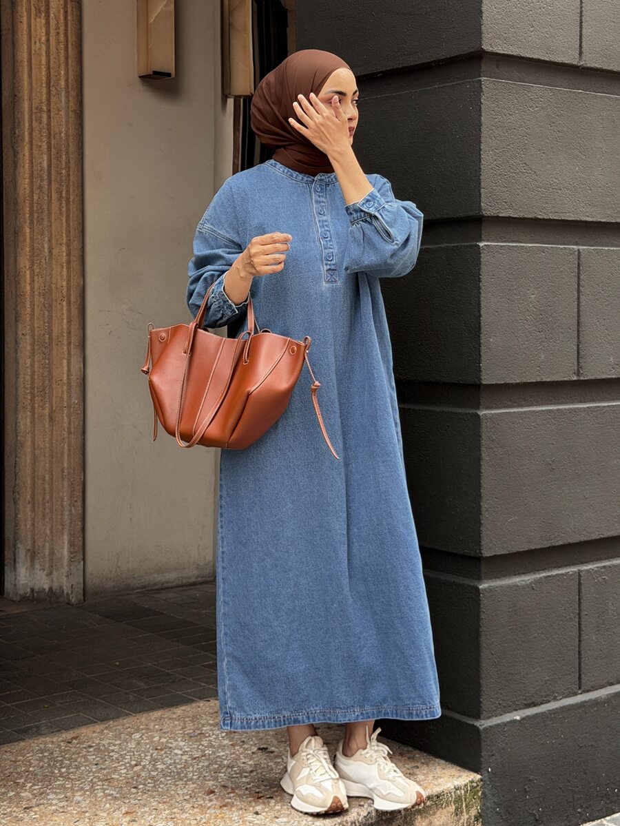DAZY Women's Button Half-Placket Long Sleeve Casual Denim Dress Fall - Blue - View 1