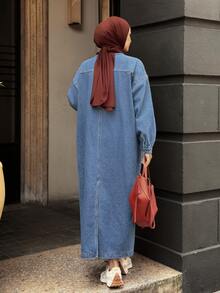 DAZY Women's Button Half-Placket Long Sleeve Casual Denim Dress Fall - Blue - View 4