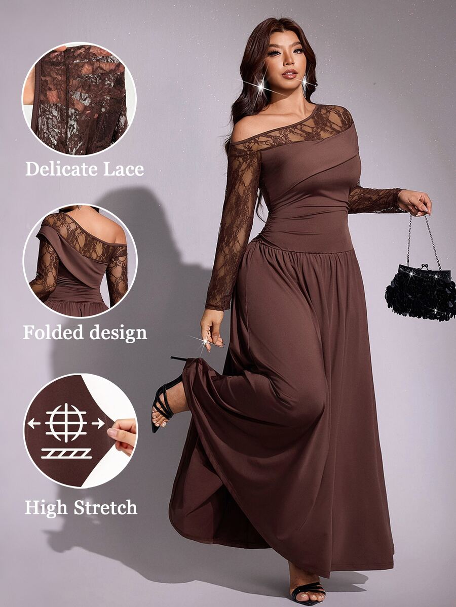 Viva Relle Plus Size Elegant Asymmetrical Shoulder Slim Fit Long Sleeve Dress Fall Party Formal Brown - Coffee Brown - View 1