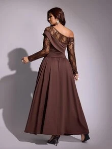 Viva Relle Plus Size Elegant Asymmetrical Shoulder Slim Fit Long Sleeve Dress Fall Party Formal Brown - Coffee Brown - View 6