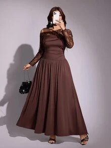 Viva Relle Plus Size Elegant Asymmetrical Shoulder Slim Fit Long Sleeve Dress Fall Party Formal Brown - Coffee Brown - View 2