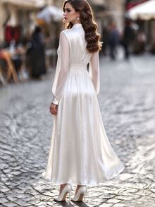 RosyDaze Elegant Solid Color Sexy Chiffon Dress, V-Neck Straight Long Sleeve, Elastic Ruffle High Waist Flowy Women's Long Dress - White - View 2