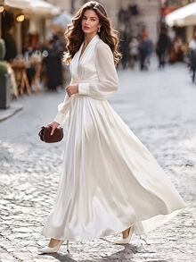 RosyDaze Elegant Solid Color Sexy Chiffon Dress, V-Neck Straight Long Sleeve, Elastic Ruffle High Waist Flowy Women's Long Dress - White - View 4