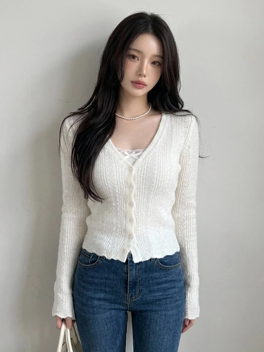 DAZY Solid Color Fitted V-Neck Long Sleeve Casual Vacation Spring Autumn Top Women T-Shirt Everyday Date Off-White - White - View 1