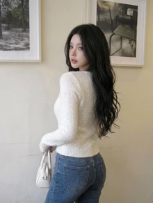 DAZY Solid Color Fitted V-Neck Long Sleeve Casual Vacation Spring Autumn Top Women T-Shirt Everyday Date Off-White - White - View 3