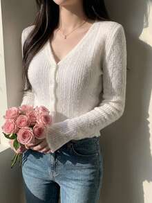 DAZY Solid Color Fitted V-Neck Long Sleeve Casual Vacation Spring Autumn Top Women T-Shirt Everyday Date Off-White - White - View 9