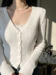 DAZY Solid Color Fitted V-Neck Long Sleeve Casual Vacation Spring Autumn Top Women T-Shirt Everyday Date Off-White - White - View 4