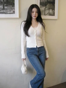 DAZY Solid Color Fitted V-Neck Long Sleeve Casual Vacation Spring Autumn Top Women T-Shirt Everyday Date Off-White - White - View 8