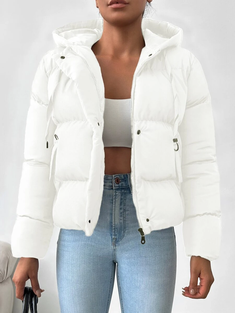 SHEIN Petite Women Zip Up Snap Button Drawstring Hooded Casual Basic Minimalist All White Puffer Winter Coat Everyday Travel Going Out