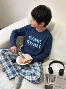 SHEIN 2pcs Kids Tween Boy Casual Daily Versatile Comfortable Print Pattern Crew Neck Pullover Long Sleeve Autumn Top And Pants Knit Fitted Loungewear Set - Blue - View 6