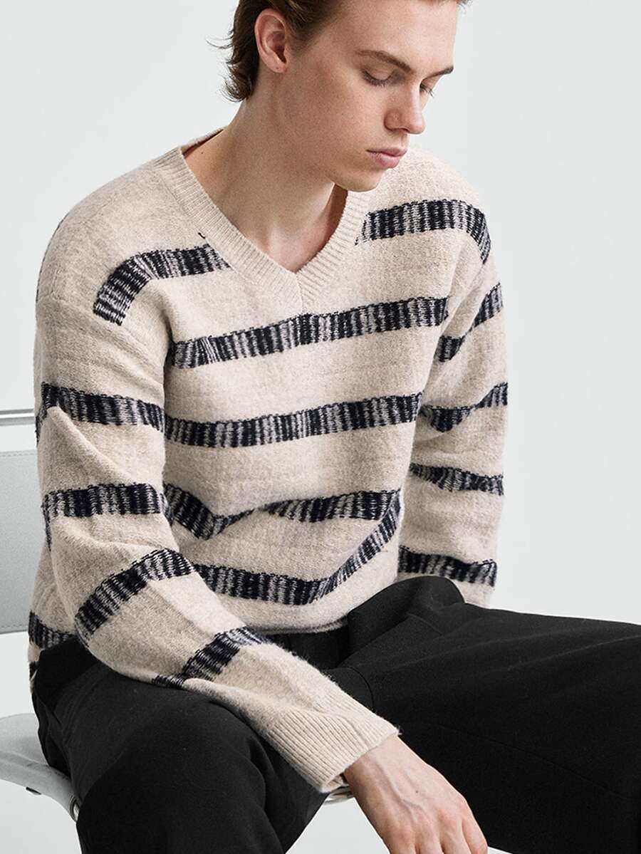 Manfinity Homme Men's Minimalist Fashion Striped Colorblock Long Sleeve Sweater - Multicolor - View 1