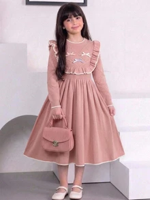 SHEIN Tween Girl Kids Elegant Solid Pink Ruffle Hem Mid-Length Sweater Dress, Autumn/Winter Back To School - Pink - View 1