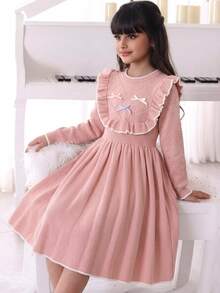SHEIN Tween Girl Kids Elegant Solid Pink Ruffle Hem Mid-Length Sweater Dress, Autumn/Winter Back To School - Pink - View 11