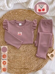 1套女童幼兒圓領長袖上衣與長褲淺粉色迷人櫻桃貼布荷葉邊柔軟羅紋針織休閒秋冬內衣 - 粉色 - 查看 4