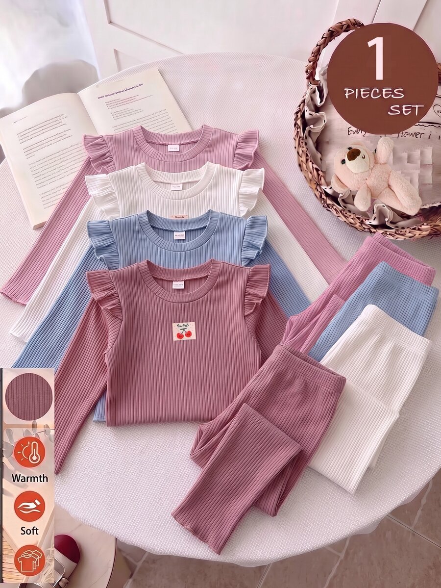 1套女童幼兒圓領長袖上衣與長褲淺粉色迷人櫻桃貼布荷葉邊柔軟羅紋針織休閒秋冬內衣 - 粉色 - 查看 1