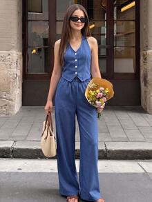 SHEIN 青少年女孩 2件組優雅波點掛脖套裝，深咖啡色波點掛脖無袖短版上衣 + 高腰寬腿長褲 - 藍色 - 查看 5