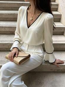Cévolie Light Luxury Black & White Contrast Trim V-Neck Top For Women, Puff Shoulder Bell Sleeve Versatile Commuter Base Layer - Beige - View 1