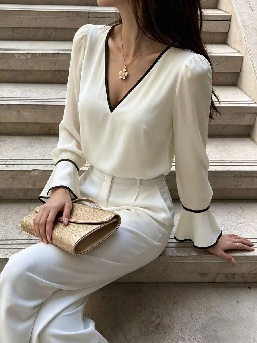 Cévolie Light Luxury Black & White Contrast Trim V-Neck Top For Women, Puff Shoulder Bell Sleeve Versatile Commuter Base Layer - Beige - View 1