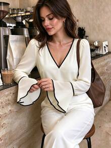 Cévolie Light Luxury Black & White Contrast Trim V-Neck Top For Women, Puff Shoulder Bell Sleeve Versatile Commuter Base Layer - Beige - View 2
