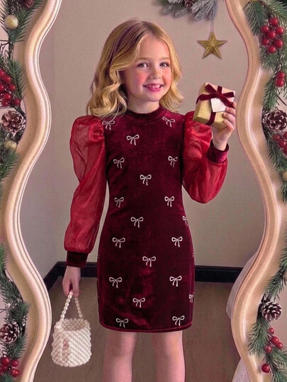 SHEIN Young Girl Knitted Solid Kids Color Velvet Contrast Mesh Puff Sleeve Fitted Autumn Dress