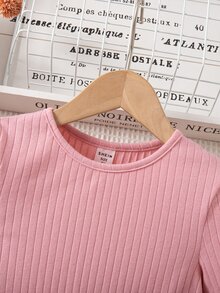 SHEIN Young Girl Knitted Solid Kids Color Patchwork Woven Floral Hem Casual Dress - Pink - View 6