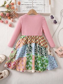 SHEIN Young Girl Knitted Solid Kids Color Patchwork Woven Floral Hem Casual Dress - Pink - View 5