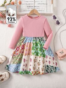 SHEIN Young Girl Knitted Solid Kids Color Patchwork Woven Floral Hem Casual Dress - Pink - View 4
