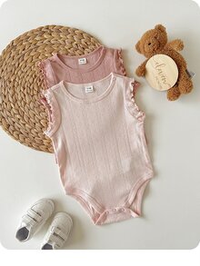 2件組新生女嬰夏季可愛純色荷葉邊連身衣套裝 - 粉色 - 查看 3