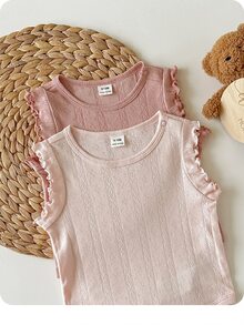 2件組新生女嬰夏季可愛純色荷葉邊連身衣套裝 - 粉色 - 查看 1