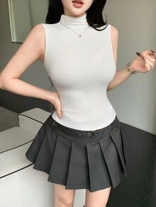 DAZY 女式高领修身无袖紧身吊带背心 - 白色 - 查看 3