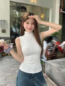 DAZY 女式高领修身无袖紧身吊带背心 - 白色 - 查看 12