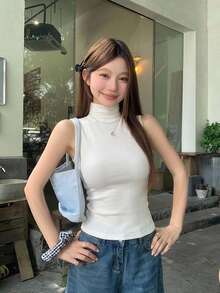 DAZY 女式高领修身无袖紧身吊带背心 - 白色 - 查看 2