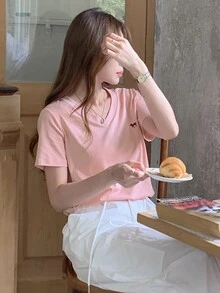 DAZY Women V-Neck Embroidered Short Sleeve Casual T-Shirt Cute Tops - Pink - View 2