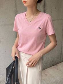 DAZY Women V-Neck Embroidered Short Sleeve Casual T-Shirt Cute Tops - Pink - View 3