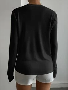 DAZY 女款休閒街頭風純色百搭長袖上衣，秋季日常黑白款白天穿著T恤 - 黑色 - 查看 2