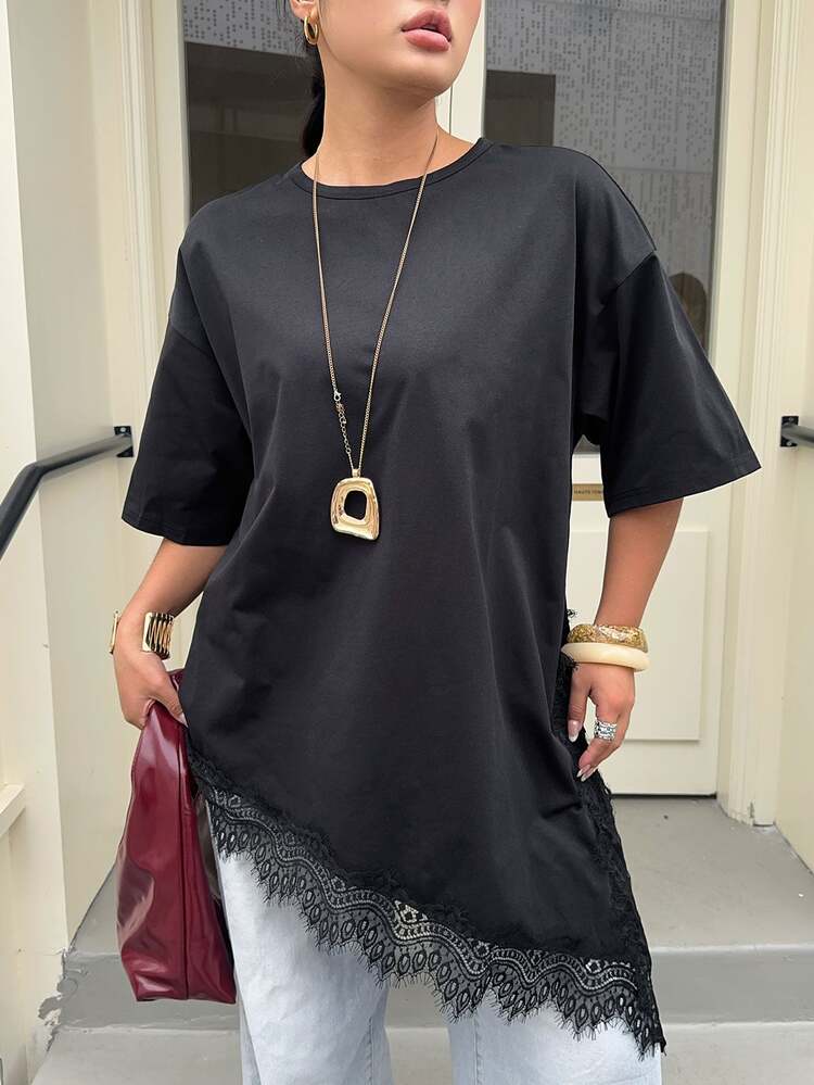 Muchica Plus Size Solid Color Round Neck Lace Patchwork Casual Elegant Streetwear Short Sleeve T-Shirt Oversize Ladies Formal Black Summer - Black - View 2