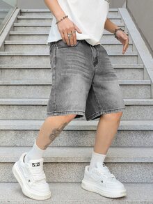 NEOSTRIT 男士大尺碼灰色休閒寬腿牛仔短褲，百搭膝蓋長度內縫 - 淺灰色 - 查看 2