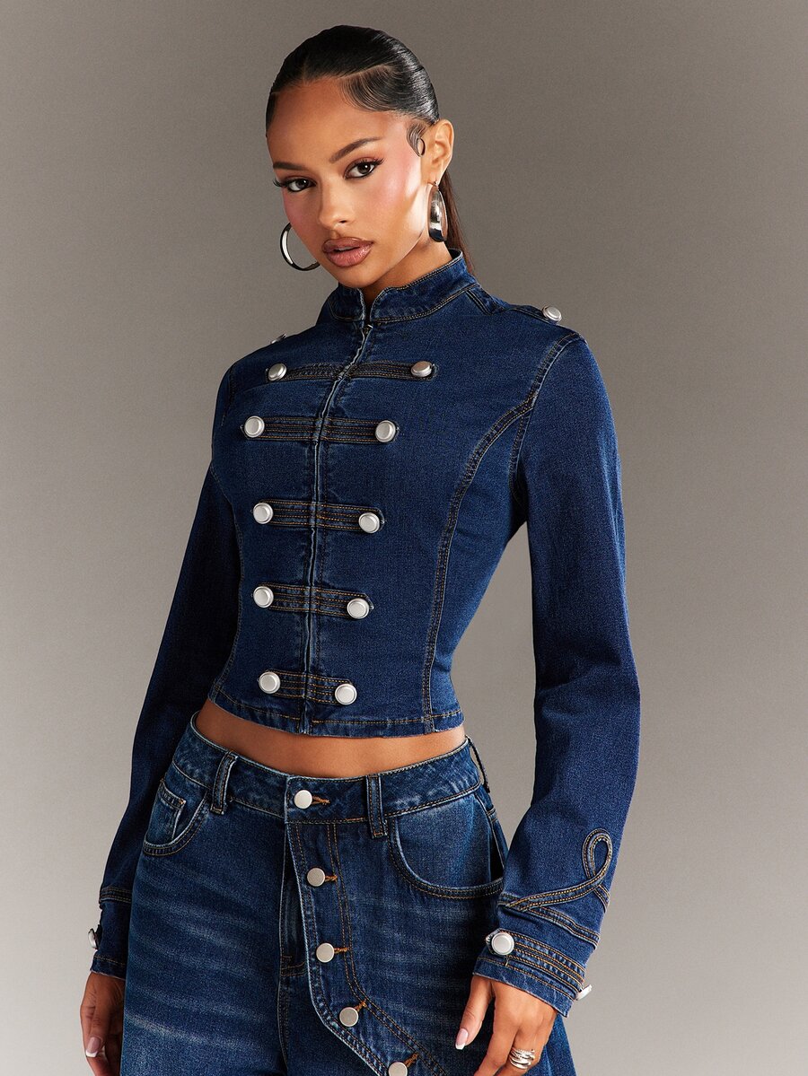 Denimoi Women's Double-Breasted Slim-Fit Casual Versatile Daily Denim Jacket Stylish Outerwear Streetwear Fashion Fall Winter - Dark Wash - View 1