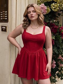 SHEIN MOD 加白色纯色紧身胸衣结构吊带连衣裙 - 紅色 - 查看 6