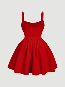 SHEIN MOD 加白色纯色紧身胸衣结构吊带连衣裙 - 紅色 - 查看 3