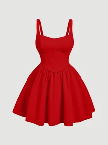 SHEIN MOD 加白色纯色紧身胸衣结构吊带连衣裙 - 紅色 - 查看 2