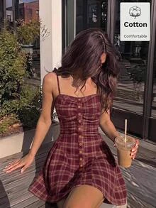 SHEIN MOD 女款格子百褶休閒復古學院風 70 年代日常迷你細肩帶洋裝 酒紅色 適合早午餐、日常、學校、約會、感恩節、聖誕節 - 紅木色 - 查看 2