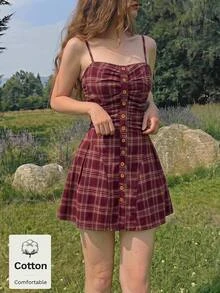 SHEIN MOD 女款格子百褶休閒復古學院風 70 年代日常迷你細肩帶洋裝 酒紅色 適合早午餐、日常、學校、約會、感恩節、聖誕節 - 紅木色 - 查看 3