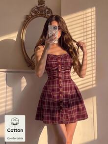 SHEIN MOD 女款格子百褶休閒復古學院風 70 年代日常迷你細肩帶洋裝 酒紅色 適合早午餐、日常、學校、約會、感恩節、聖誕節 - 紅木色 - 查看 1