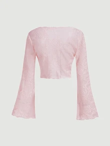 SHEIN MOD Retro V-Neck Cropped Bell Sleeve Tie-Up Cardigan For Women - Baby Pink - View 7