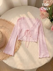 SHEIN MOD Retro V-Neck Cropped Bell Sleeve Tie-Up Cardigan For Women - Baby Pink - View 1