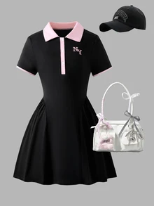 SHEIN 青少年女孩學院風休閒短袖 Polo 領拼接撞色字母印花 A 字迷你洋裝 喇叭裙 開學季日常穿搭服飾 - 黑色 - 查看 9