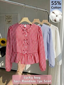 SHEIN 青少年女孩秋季上衣圓領長袖休閒度假風可愛蝴蝶結裝飾，秋冬穿搭，返校季，休閒，蝴蝶結正式派對紅色 - 紅色 - 查看 4
